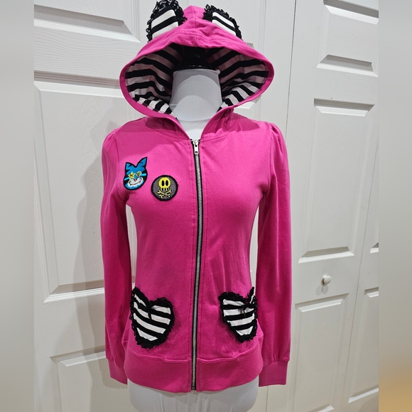 Rare Jessica Louise Pink Punk Patch Black White Striped Ear Zip Hoodie M - Picture 2 of 12